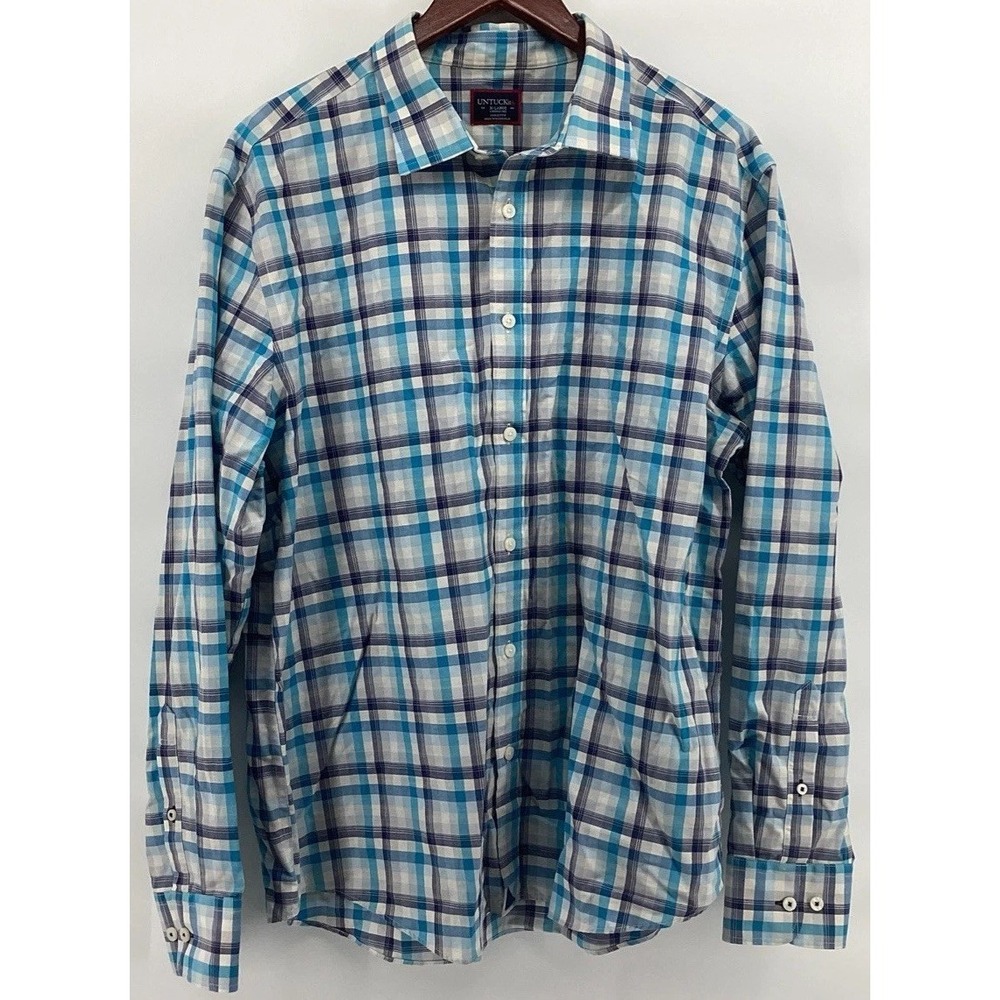 UNTUCKit Men's Long Sleeve Blue Plaid Button Down Shirt Size XLarge 100% Cotton